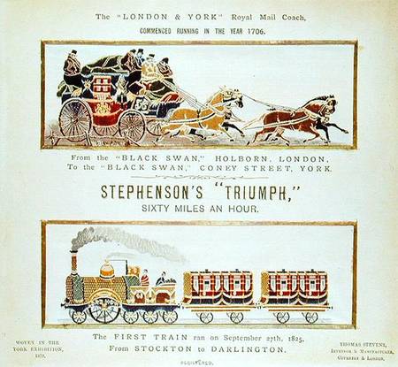 The 'London and York' Royal Mail Coach and Stephenson's 'Triumph', woven for the York Exhibition from English School