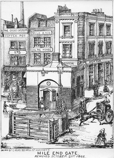 Mile End Gate, c.1866 (pen and charcoal on paper) from English School
