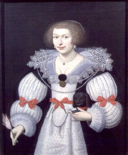 Portrait of a lady holding a dog and a tulip from English School