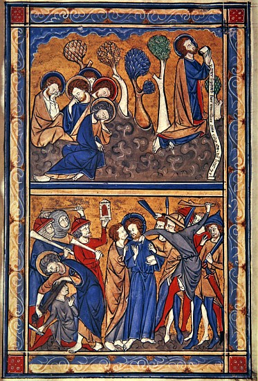 The Agony in the Garden and the Betrayal of Christ, leaf from a psalter, c.1270 (tempera, ink & gold from English School