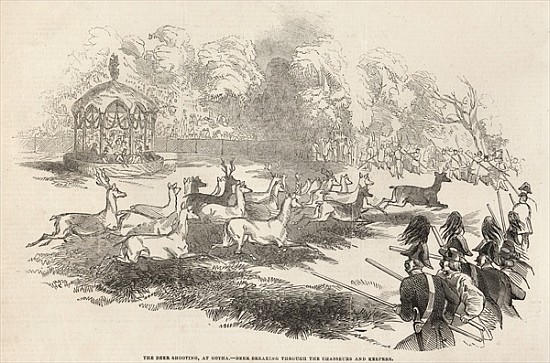 The Deer Shooting at Gotha: Deer breaking through the Chasseurs and Keepers, from ''The Illustrated  from English School