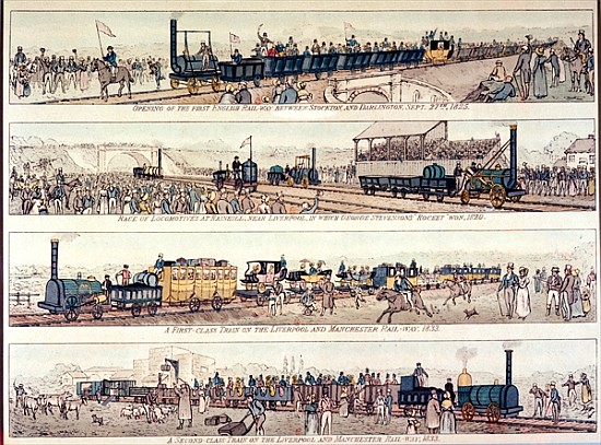 The opening of the Stockton and Darlington railroad, 1825; Locomotive race at Rainhill, near Liverpo from English School