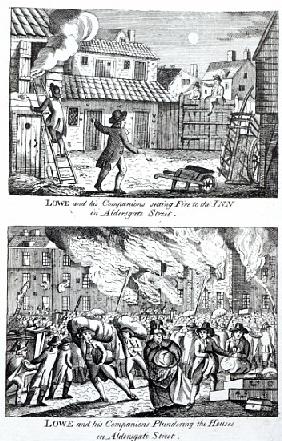 Edward Lowe and his companions setting fire to the inn on Aldersgate Street and plundering the house