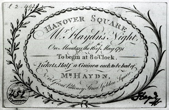 Ticket to ''Mr. Haydn''s Night'' in Hanover Square, 16th May 1791 from English School