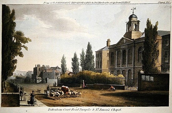Tottenham Court Road Turnpike and St. James''s Chapel, from ''Ackerman''s Repository of Arts'' publi from English School