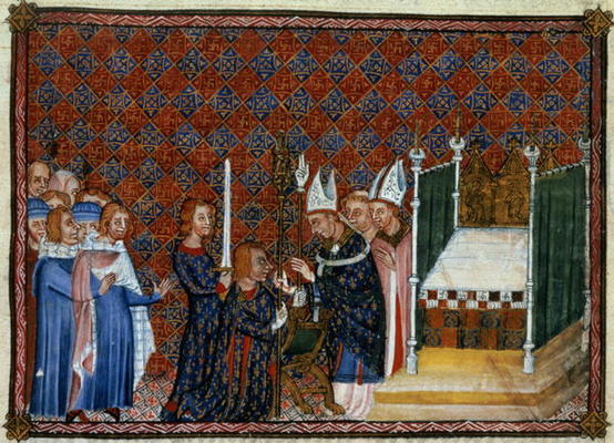 Ms Tiberius B Viii f.58 Coronation of the King and Queen of France, 1365 (vellum) from English School, (14th century)