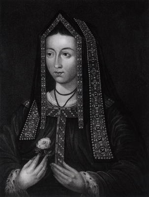 Portrait of Elizabeth of York (1467-1503) (engraving) (b/w photo) from English School, (16th century)