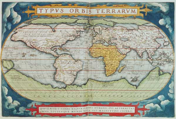 Map charting Sir Francis Drake's (c.1540-96) circumnavigation of the globe, engraved by Frans Hogenb from English School, (16th century)
