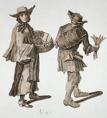 'Buy a new Almanac! Fine writing ink!', illustration of street sellers around 1675 (engraving) from English School, (17th century) (after)