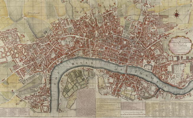 A New and Exact Plan of the Cities of London and Westminster and the Borough of Southwark, 1725 (col from English School, (18th century)