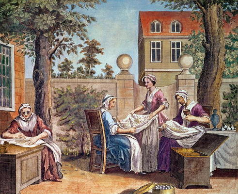 Silk-Making, engraved by J. Hinton for 'Universal Magazine' at the Kings Arms, St. Paul's Churchyard from English School, (18th century)
