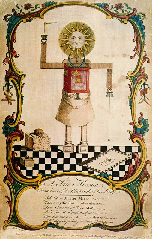 A freemason forged through the tools of his lodge, 1754 (coloured engraving) from English School, (18th century)
