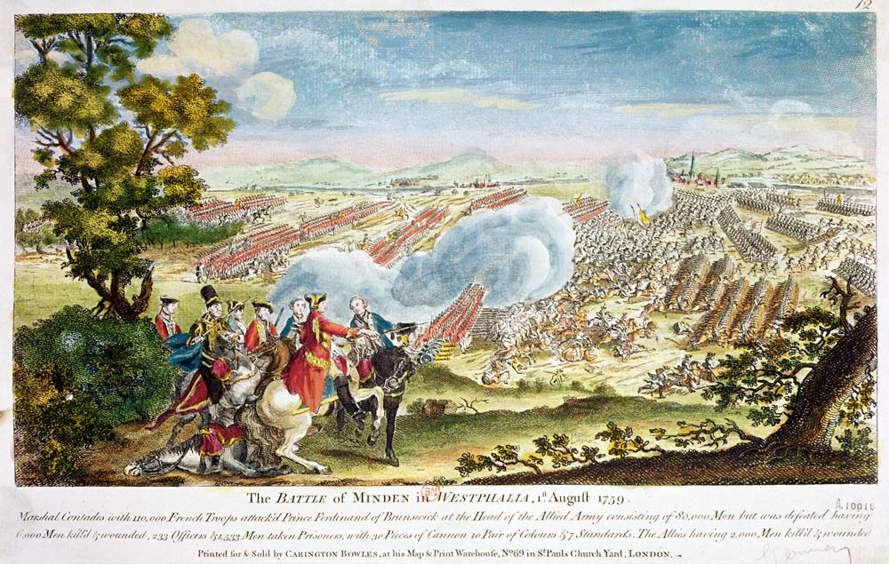 The Battle of Minden in Westphalia in 1759 (colour litho) from English School, (18th century)