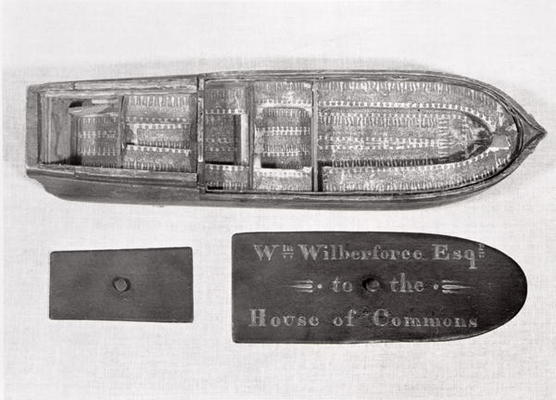 Aerial view of the model of the slave ship 'Brookes' used by William Wilberforce in the House of Com from English School, (18th century)