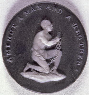 Wedgwood jasper medallion decorated with a slave in chains and inscribed with 'Am I not a Man and a from English School, (18th century)