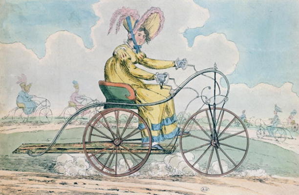 Bicycle with three wheels, the Ladies' hobby, 1819 (colour litho) from English School, (19th century)