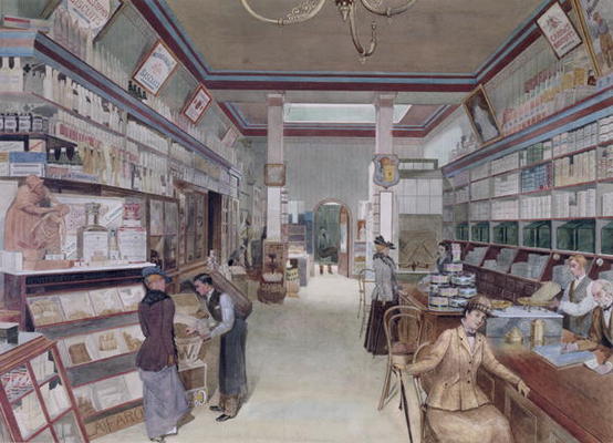 Interior of a London Shop, late 19th century (w/c on paper) from English School, (19th century)