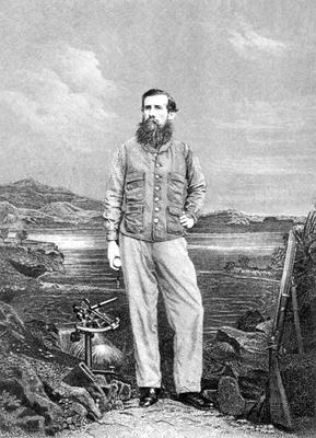 Portrait of John Speke (1827-64) in front of Lake Victoria, frontispiece to 'Journal of the Discover from English School, (19th century)