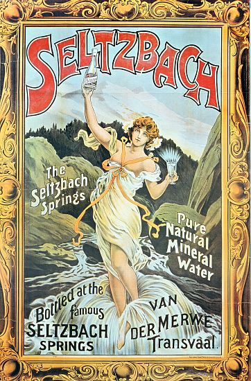 Poster advertising 'Seltzbach' pure natural mineral water from the Seltzbach Springs, Van der Merwe, from English School, (19th century)