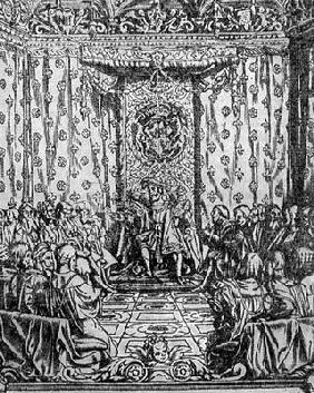 King Henry VIII (1491-1547) in Parliament, from a contemporary print (engraving)