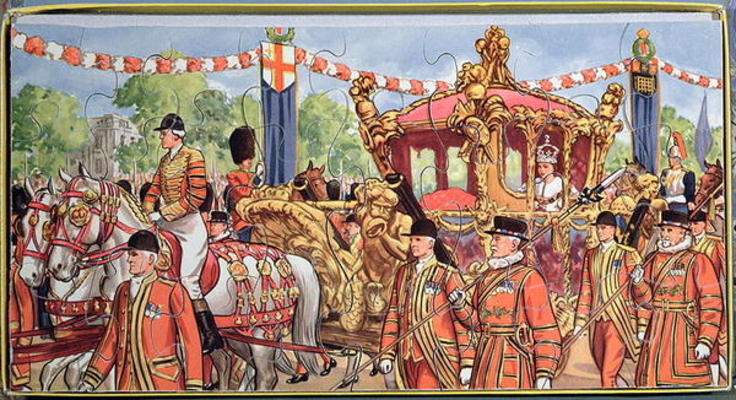 Jigsaw puzzle depicting the Coronation of Queen Elizabeth II (b.1926) 2nd June 1953 (colour litho on from English School, (20th century)