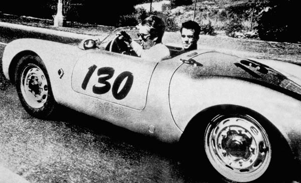 The American Actor James Dean driving his Porsche Spider 550A with Rolf Wutherlich from English Photographer, (20th century)