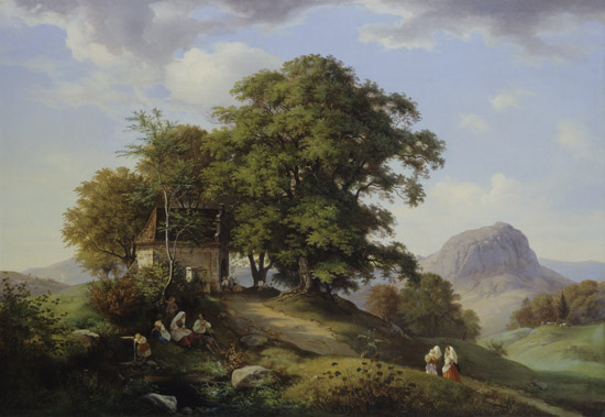 Mountainous landscape with cluster of trees and chapel in the background of the boron from Ernst Ferdinand Oehme