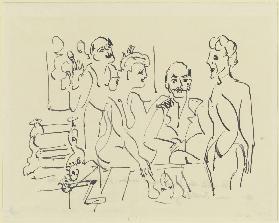 Emil Nolde, Ada Nolde, Erich Heckel und Ernst Ludwig Kirchner bei der Vorbereitung eines Holzschnitt