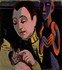 Portrait of Erna with cat and wood figure from Ernst Ludwig Kirchner
