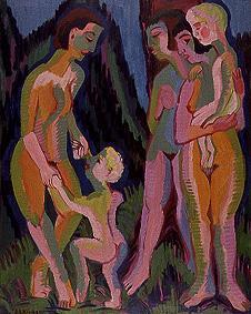 Three naked women with children