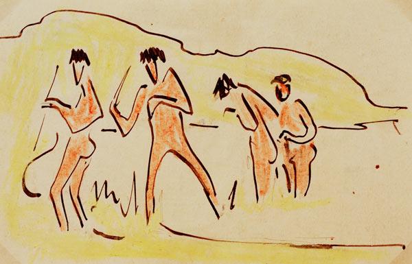 Throwing reeds with bathers