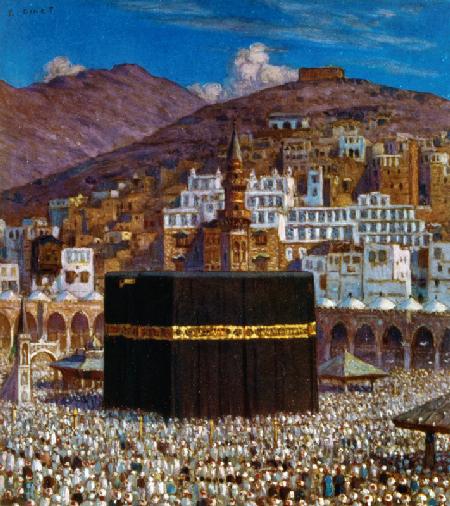 Illustration depicting Moslem pilgrims at the Kabbah in Mecca. by Nasreddine Dinet