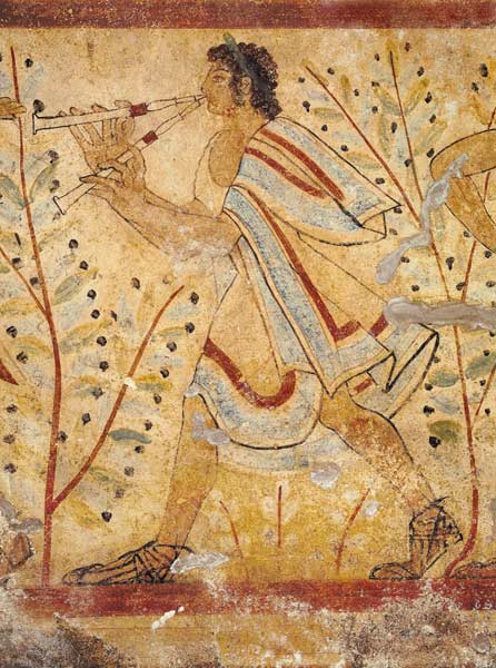 Musician playing the Pipes, from the Tomb of the Leopard from Etruscan