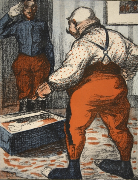 A civil servant overseeing the arrangement of his underwear, illustration from ''L''assiette au Beur from Eugene Cadel