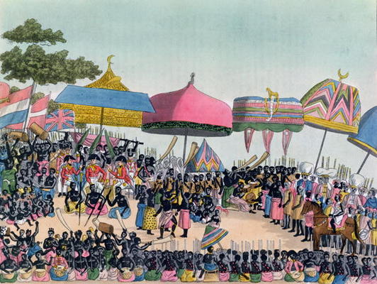 Reception for the English Ambassador held by the Ashanti at Comassi, Ghana, c.1818, engraved by A. B from European School, (19th century)