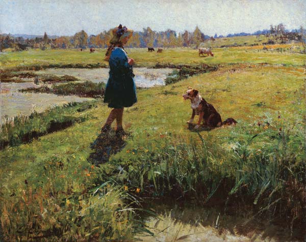 Young Girl with her Dog in the Meadows from Evariste Carpentier