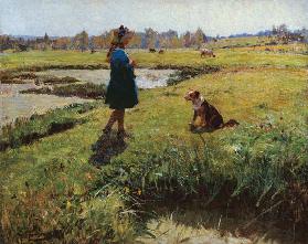 Young Girl with her Dog in the Meadows