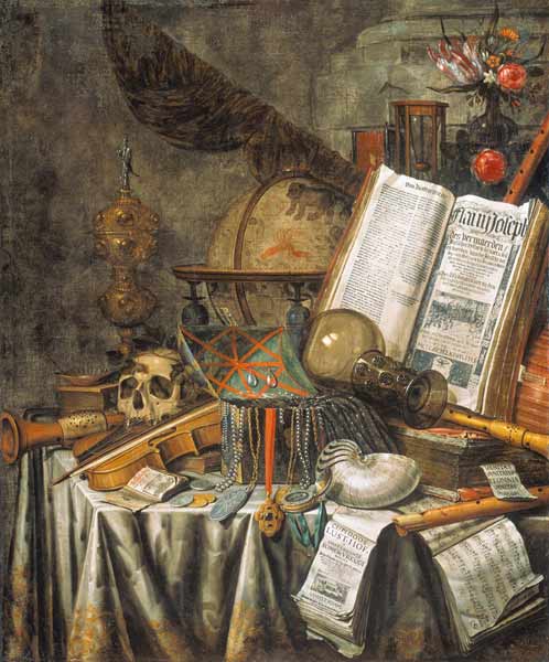 Vanitas quiet life with musical instruments, astrological globe u.anderen pieces from Evert Collier