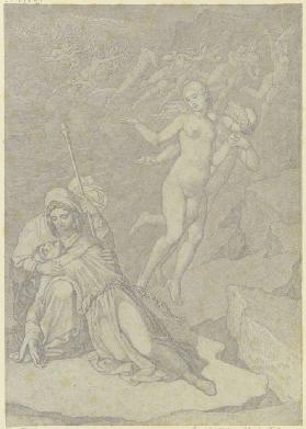 Francesca und Paolo, gemeinsam im zweiten Höllenkreis schwebend, links der klagende Dante, von Vergi