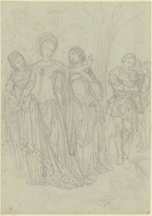 Ungedeutete Szene: Fürstin mit einem Rosenkranz am Gürtel, einen Jüngling abweisend from Ferdinand Fellner