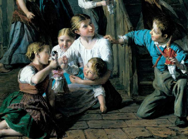 Kinder, mit Puppen spielend. 1864. Detail from Ferdinand Georg Waldmüller