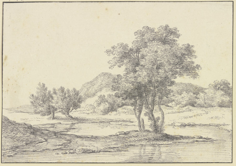Baumgruppe am Wasser, links zwei Weidenbäume, im Hintergrund Berge from Ferdinand Kobell