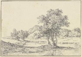 Baumgruppe am Wasser, links zwei Weidenbäume, im Hintergrund Berge