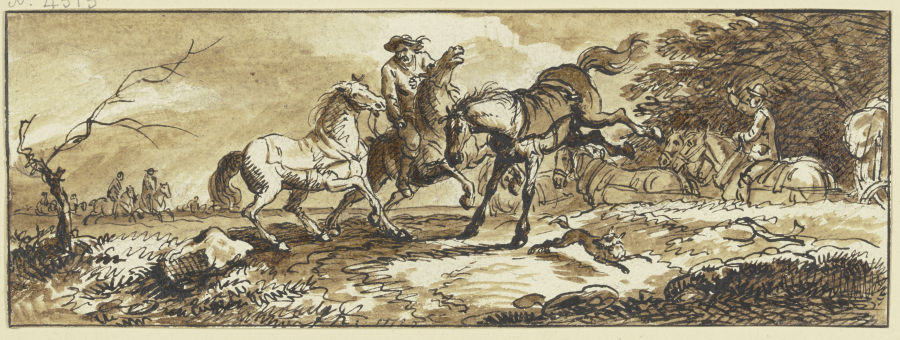 Reiter mit zwei Handpferden, eines schlägt aus, im Hintergrund ein Fuhrwerk und andere Reiter from Ferdinand Kobell