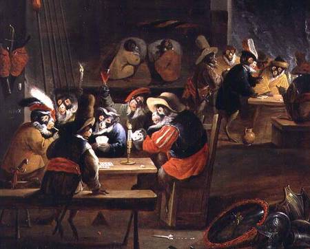 Monkeys in a Tavern, detail of the card game from Ferdinand van Kessel