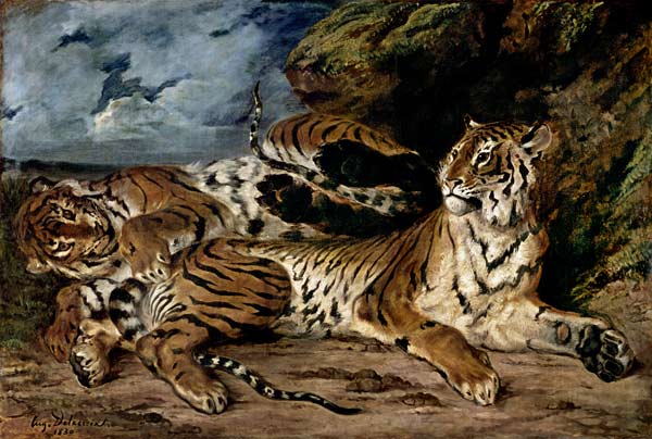 A young tiger plays with his mother from Ferdinand Victor Eugène Delacroix