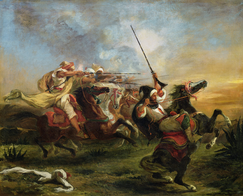 Moroccan horsemen in military action from Ferdinand Victor Eugène Delacroix