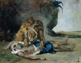 Lion at the corpse of an arab.