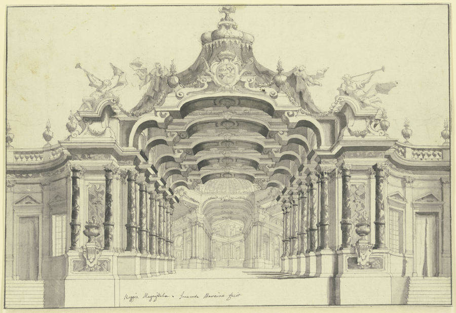 Eine große Halle mit einem Baldachin überbaut, unter welchem ein Wappen zu sehen ist, rechts und lin from Ferdinando Bibièna