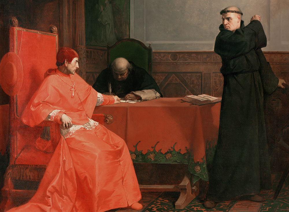Luther in front of Cardinal Cajetan during the controversy of his 95 Theses from Ferdinand Wilhelm Pauwels